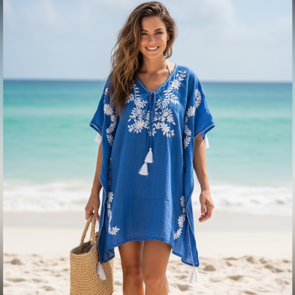 Debbie Katz South Beach cotton blue white embroidered beach cover-up